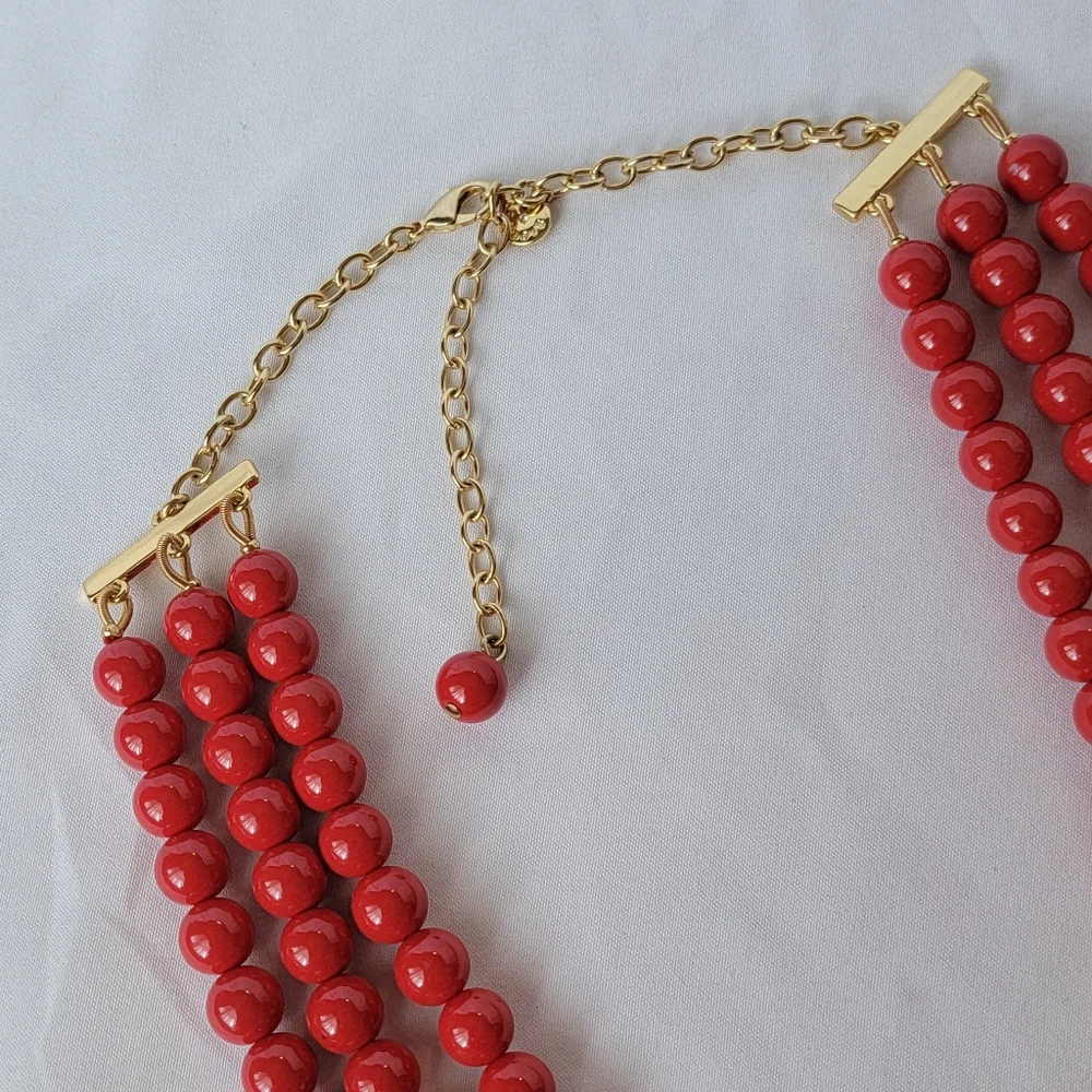 Talbots Signed Red and Gold Three Strand Beaded Necklace
